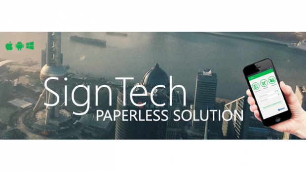 SignTech Paperless Solution text on background of an ariel view of a city